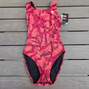 TYR Durafast Lite YOUTH Girls VESUVIUS MaxBack 1pc Swimsuit - Red Size 24 New